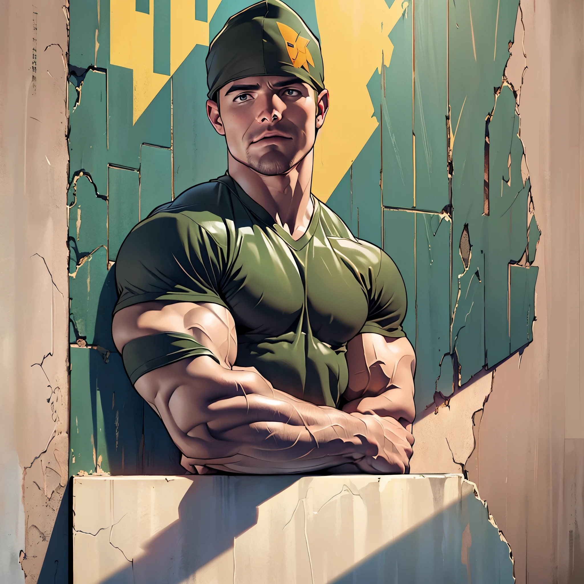 32k, high quality , detailed face , detailed hands , detailed muscles , (((stephen amell))) standing and posing as a military man ,standing with spread legs, showing his muscles and bulge , ((background brick wall with lot of army posters ))