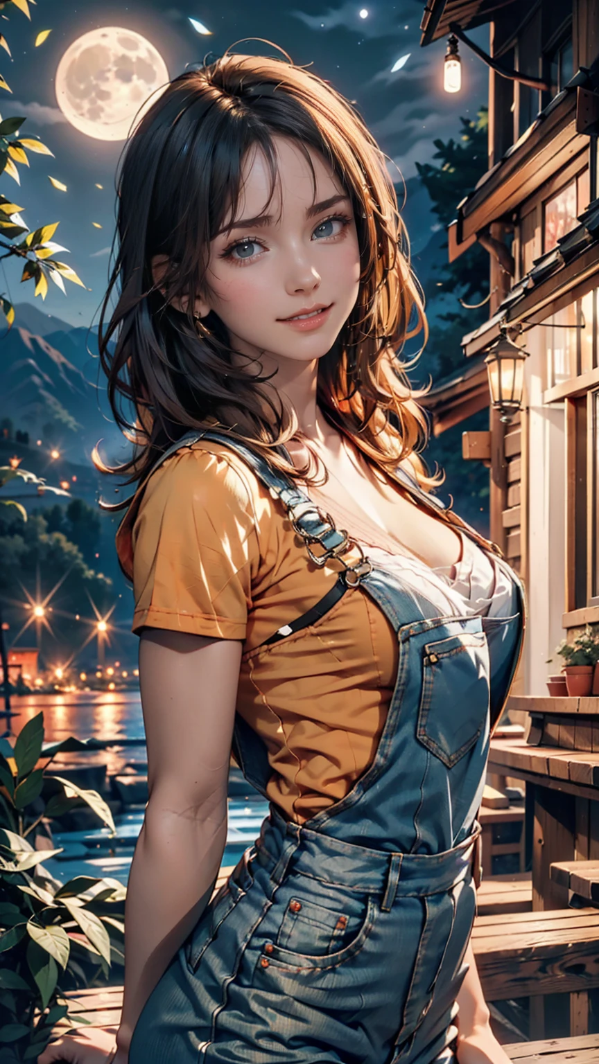 One girl, sxfrances, short hair, Orange Hair, Green Eyes, freckles, smile, Red Overalls, Blue Shirt, Roll up your sleeves, Mountain, moon, (night:1.5), View your viewers 、24-year-old woman、Sexy proportionature female body、Sexy proportionakeup、Textured skin((textured skin))、smile、Narrow waist