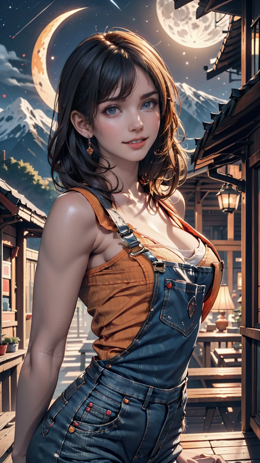 One girl, sxfrances, short hair, Orange Hair, Green Eyes, freckles, smile, Red Overalls, Blue Shirt, Roll up your sleeves, Mountain, moon, (night:1.5), View your viewers 、24-year-old woman、Sexy proportionature female body、Sexy proportionakeup、Textured skin((textured skin))、smile、Narrow waist
