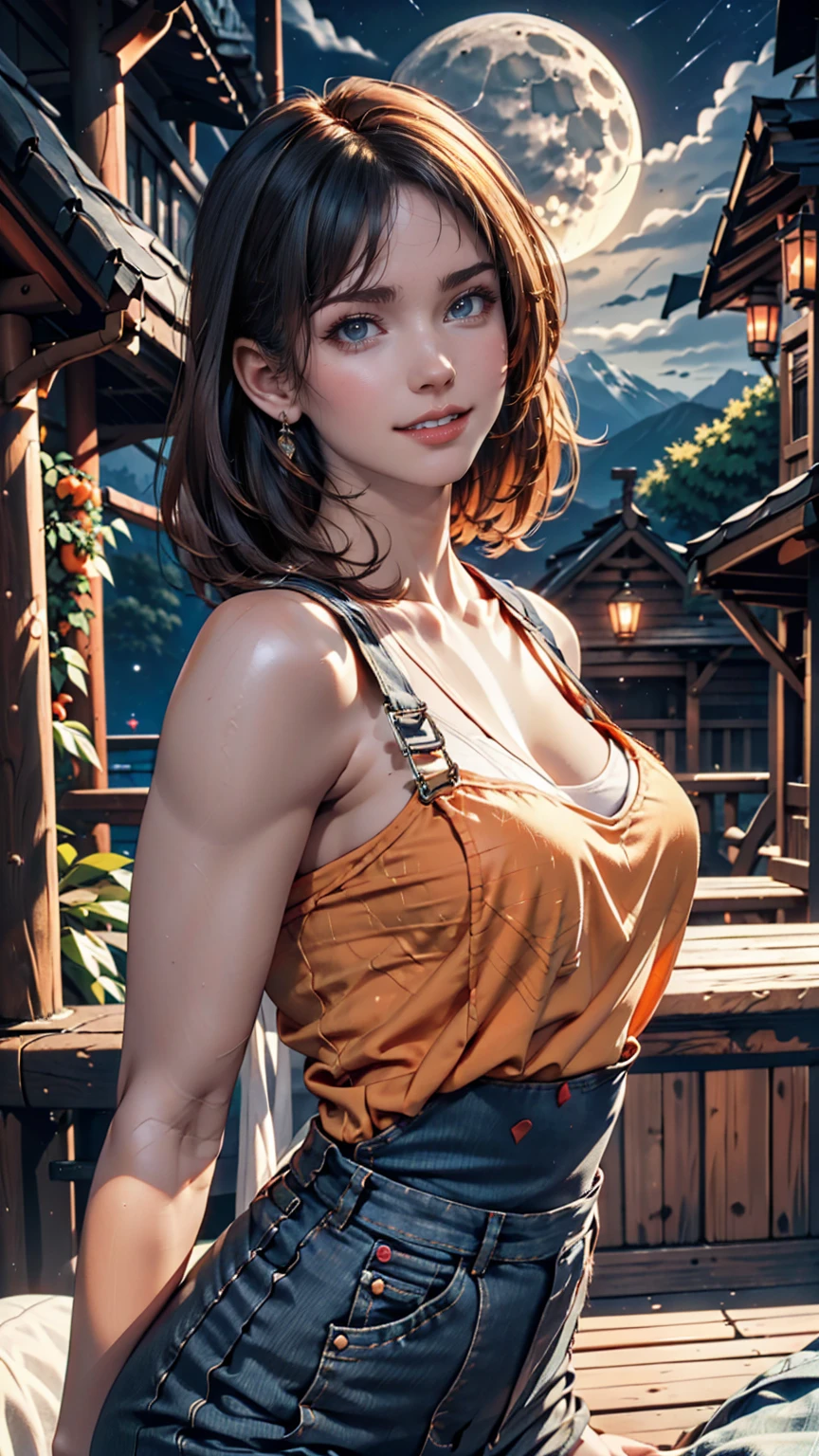 One girl, sxfrances, short hair, Orange Hair, Green Eyes, freckles, smile, Red Overalls, Blue Shirt, Roll up your sleeves, Mountain, moon, (night:1.5), View your viewers 、24-year-old woman、Sexy proportionature female body、Sexy proportionakeup、Textured skin((textured skin))、smile、Narrow waist