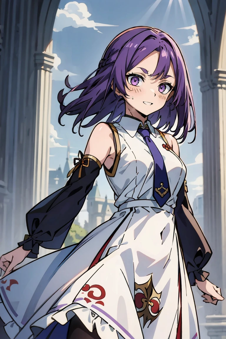 (masterpiece:1.2), (high quality:1.2), reo mikage, blue lock, girls with((1girl, solo, purple hair, (medium hair, right swept bangs, one side up:1.55), bare shoulder, blush, breasts, arm wears, elbow armwarmers, choker, cleavage, cowboy shot, collar, collarbone, rosary, cross, white clothes, blouse, white dress, sleeveless, collared shirt, necktie, (black sleeves, lower body cheongsam:1.2), cinderella dress, long dress, frilled panniers, (open dress:1.34), leggings, boots, sandals, bare legs)), background with((fantasy world, ruin, castle, beautiful sky, shining sky, sunshine:1.35))