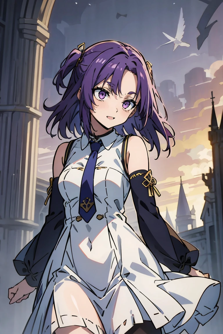 (masterpiece:1.2), (high quality:1.2), reo mikage, blue lock, girls with((1girl, solo, purple hair, (medium hair, right swept bangs, one side up:1.55), bare shoulder, blush, breasts, arm wears, elbow armwarmers, choker, cleavage, cowboy shot, collar, collarbone, rosary, cross, white clothes, blouse, white dress, sleeveless, collared shirt, necktie, (black sleeves, lower body cheongsam:1.2), cinderella dress, long dress, frilled panniers, (open dress:1.34), leggings, boots, sandals, bare legs)), background with((fantasy world, ruin, castle, beautiful sky, shining sky, sunshine:1.35))