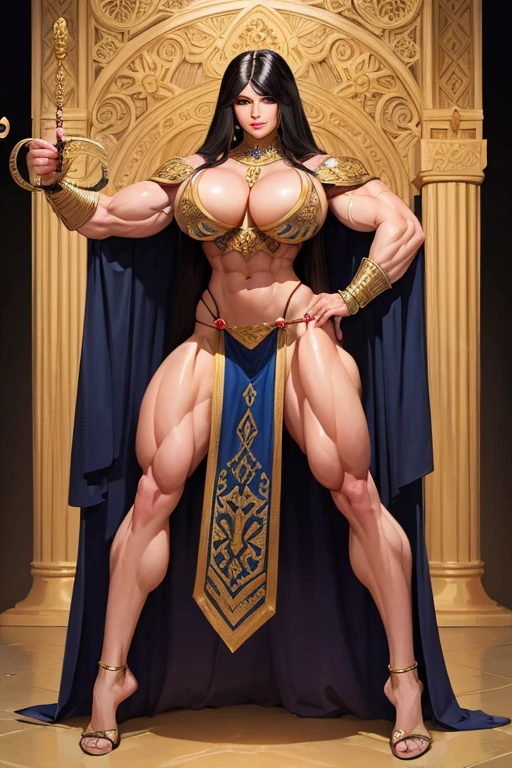 fullbody view, muscular beautiful persian woman, long dark hair, woman in medieval setting, wearing ornate cloth, warrior woman with a sword, perfect and flawless musculature, bulky and powerful bodybuilder physique