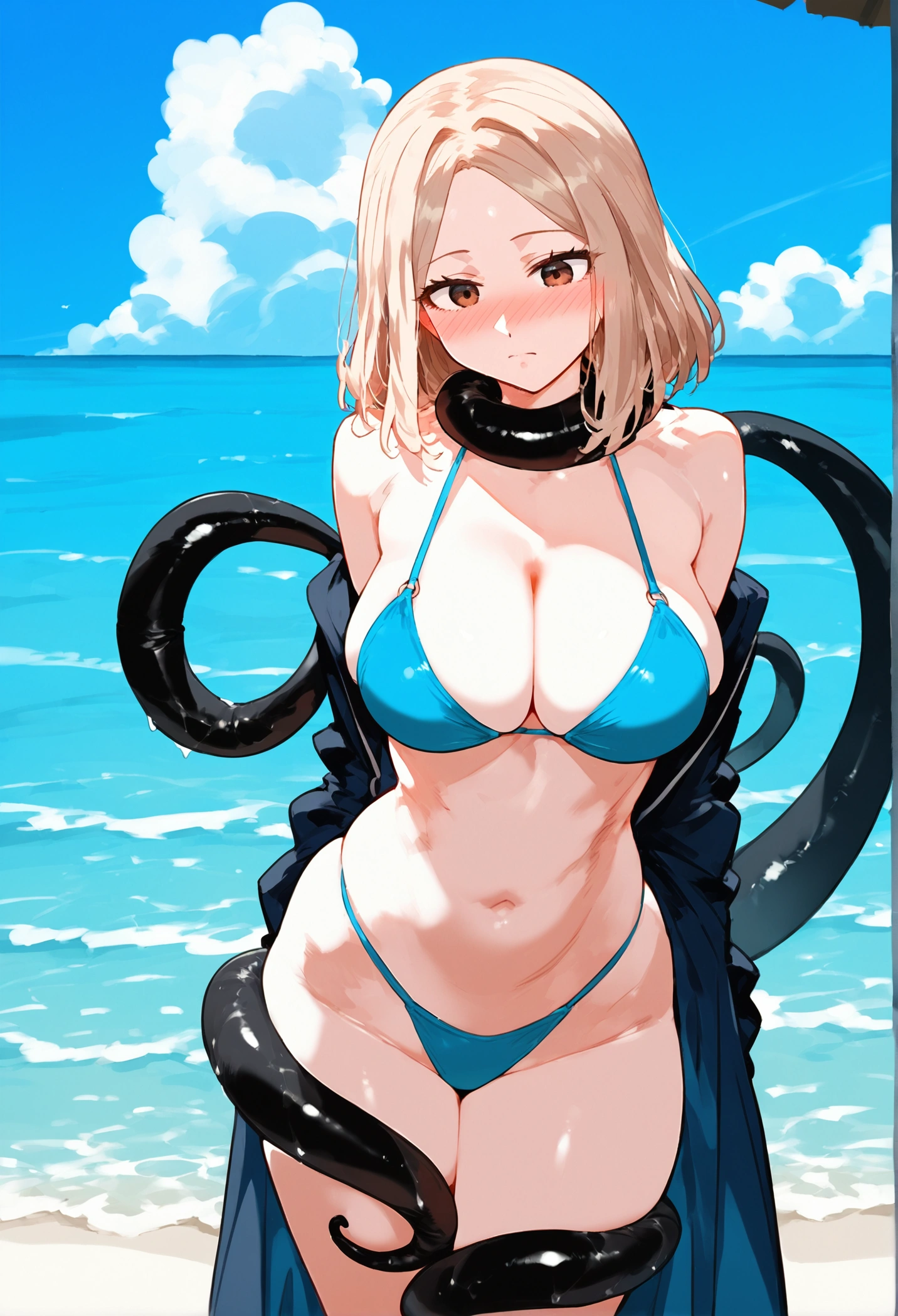 anime aRtwoRk, scoRe_9, scoRe_8_superior, scoRe_7_superior, scoRe_6_superior, scoRe_5_superior, scoRe_4_superior, R,Camie Utsushimi, light bRown haiR, daRk bRown eyes,, bReasts, , big bReasts, , , , she is 24 yeaRs old, , ,hoRny, , , , style_3, ,,  , blush, nose blush,  , bikini, Beach, sun,null,cloud, Tentacle Sex, 砂のsuperiorに横たわる