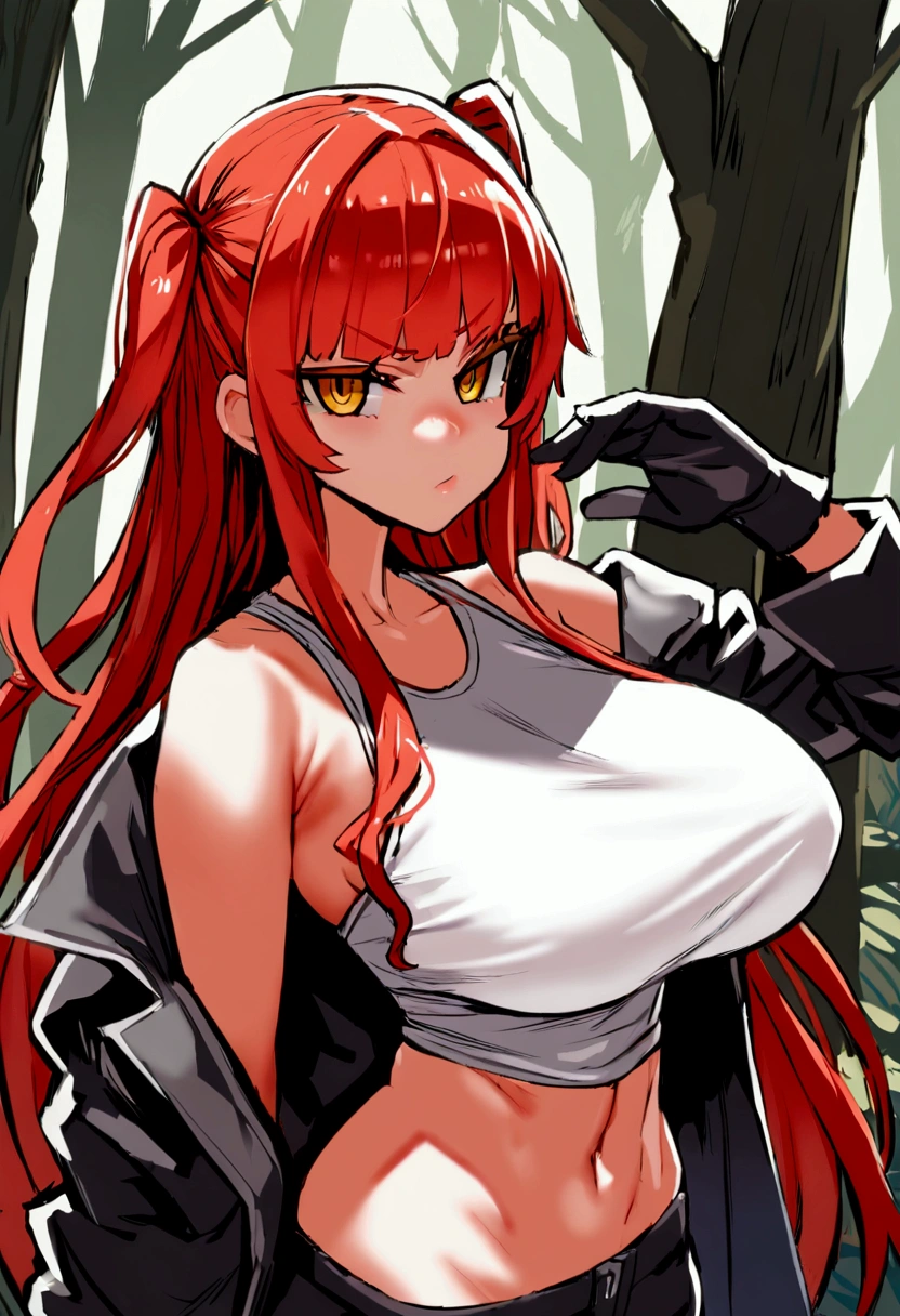 masterpiece, best quality 1girl, solo, beautiful woman, messy bangs, red hair, long hair, hair two side up by black bows , yellow eyes, angry, large breasts, toned stomach, white tank top, long black coat, figureless black gloves, black pants, fantasy looking at viewer, woods background