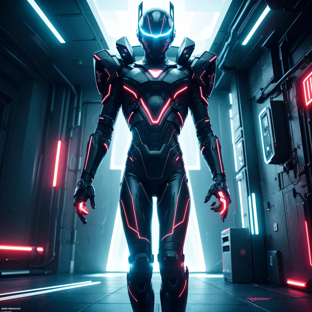 A futuristic humanoid figure wearing a sleek helmet and metallic outfit, standing in a surreal, neon-lit environment, (best quality,4k,8k,highres,masterpiece:1.2),ultra-detailed,(realistic,photorealistic,photo-realistic:1.37),highly detailed robotic figure,advanced cyborg,neon lights,synthwave,retro-futuristic,electronic music album cover,dramatic lighting,cinematic composition,dystopian sci-fi,vivid colors,glowing details
