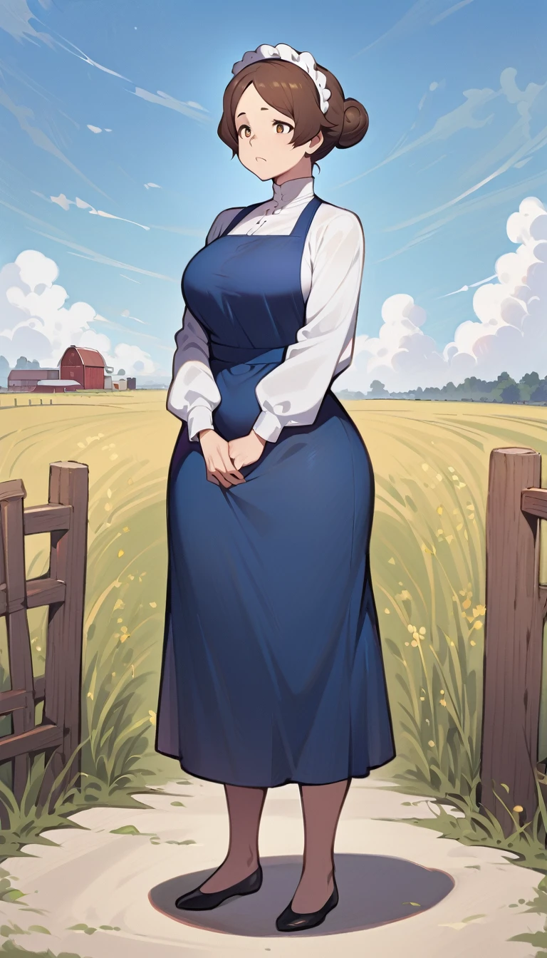 adult amish woman, 40 years old, pale skin, long sleeved blue dress, small black apron over her  blue dress, full body shown, very short brown hair in a conservative sleek bun, white bonnet kapp, wide hips, thick thighs, wearing simple black flats, thick legs, slightly below the knee dress, slight face wrinkles, tight sleeves, standing upright in a farm field, no makeup, round face, hands on lap, side view, aged face, busty, hourglass body figure, rosy cheeks