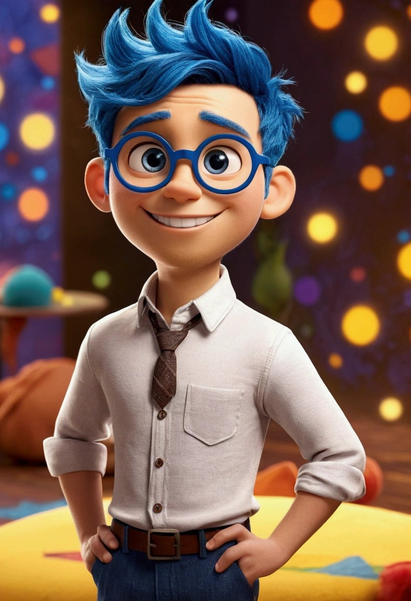 Create an animated male character named Mirabolado, inspired by Disney's 'Inside Out.' He should have vibrant light orange skin and blue hair like Joy's. His shape should be rounded and dynamic, with large, expressive eyes and a friendly, inspiring smile. He should emit a soft light to symbolize creativity and have a whimsical, non-human appearance. Use casual clothing and include whimsical elements like floating stars and sparkles to enhance his creative nature.