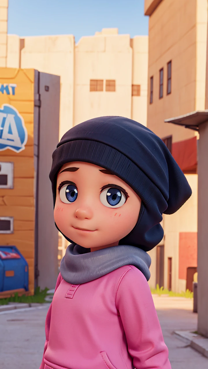 6 girl named tinni,wearing hijab, going to school, fortnite art style, poster, 3d render