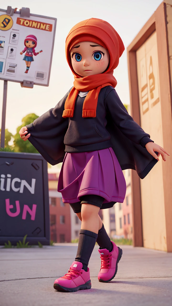 6 year old girl named tinni,wearing hijab, going to school, fortnite art style, poster, 3d render