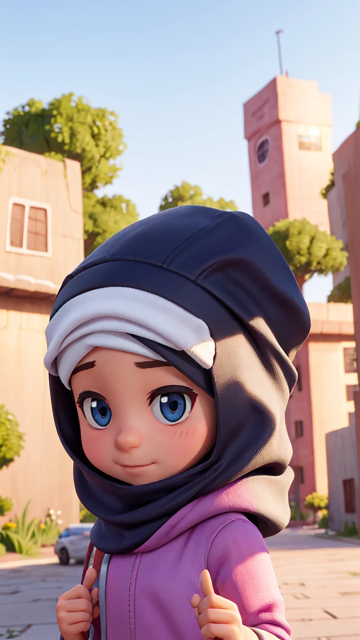 6 year old girl named tinni,wearing hijab, going to school, fortnite art style, poster, 3d render