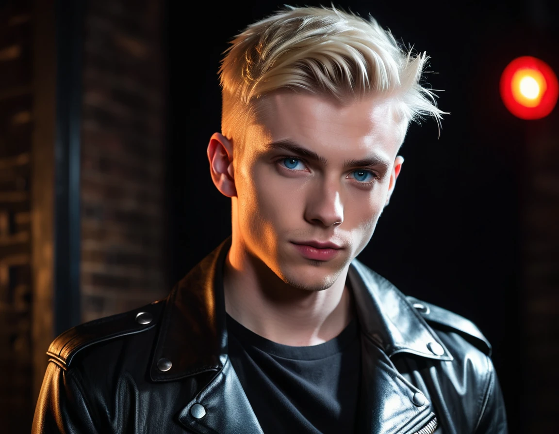 Hyper realistic, dark vibes, solo, young man, facing camera, 21 years, pale skin, model (skinny:1.2), blue eyes, (short crew cut layered textured blond hair:1.2), side swept fringe, black leather jacket, holding sharp knife, dark lighting, background (night BDSM club:1.2), foreboding, sexy, attractive, demon, incubus, evil, dark, sadistic expression (smirk:1.1), (red neon sign that says "CONTEXT":1.1)