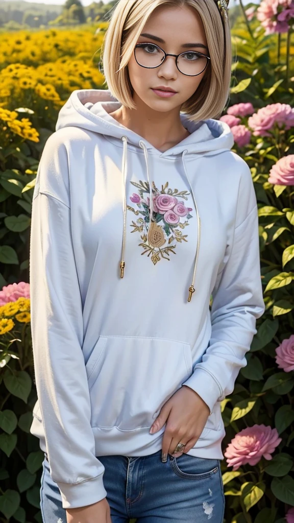 18 year old beautiful girl, masterpiece, best quality, 8K animation, detailed fingers, precise fingers, not unnatural hands, illustration, 1 girl, solo, blonde bob cut, gold crown, reading glasses, flower hair ornament, sagging eyes, white jeans, and a hoodie YUI