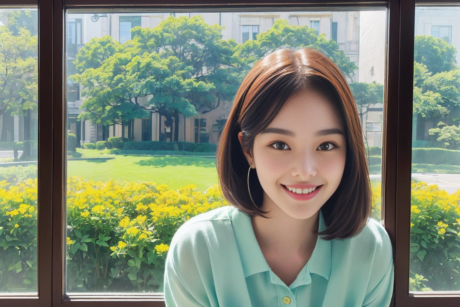 Highest quality masterpiece A cute smiling behind a semicircular stylish window pane Photo style Real Bright