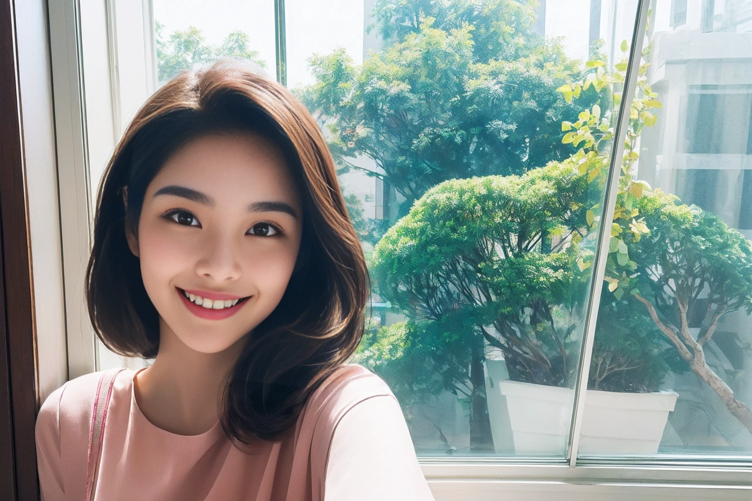 Highest quality masterpiece A cute smiling behind a semicircular stylish window pane Photo style Real Bright