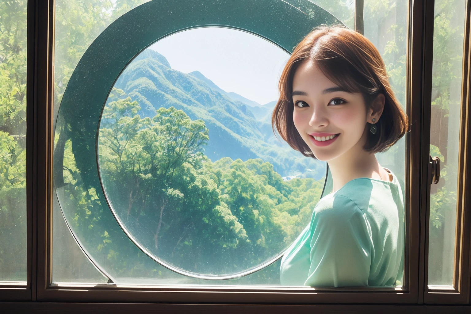 Highest quality　masterpiece　A cute  smiling behind a semicircular stylish window pane　Photo style　Real　Bright