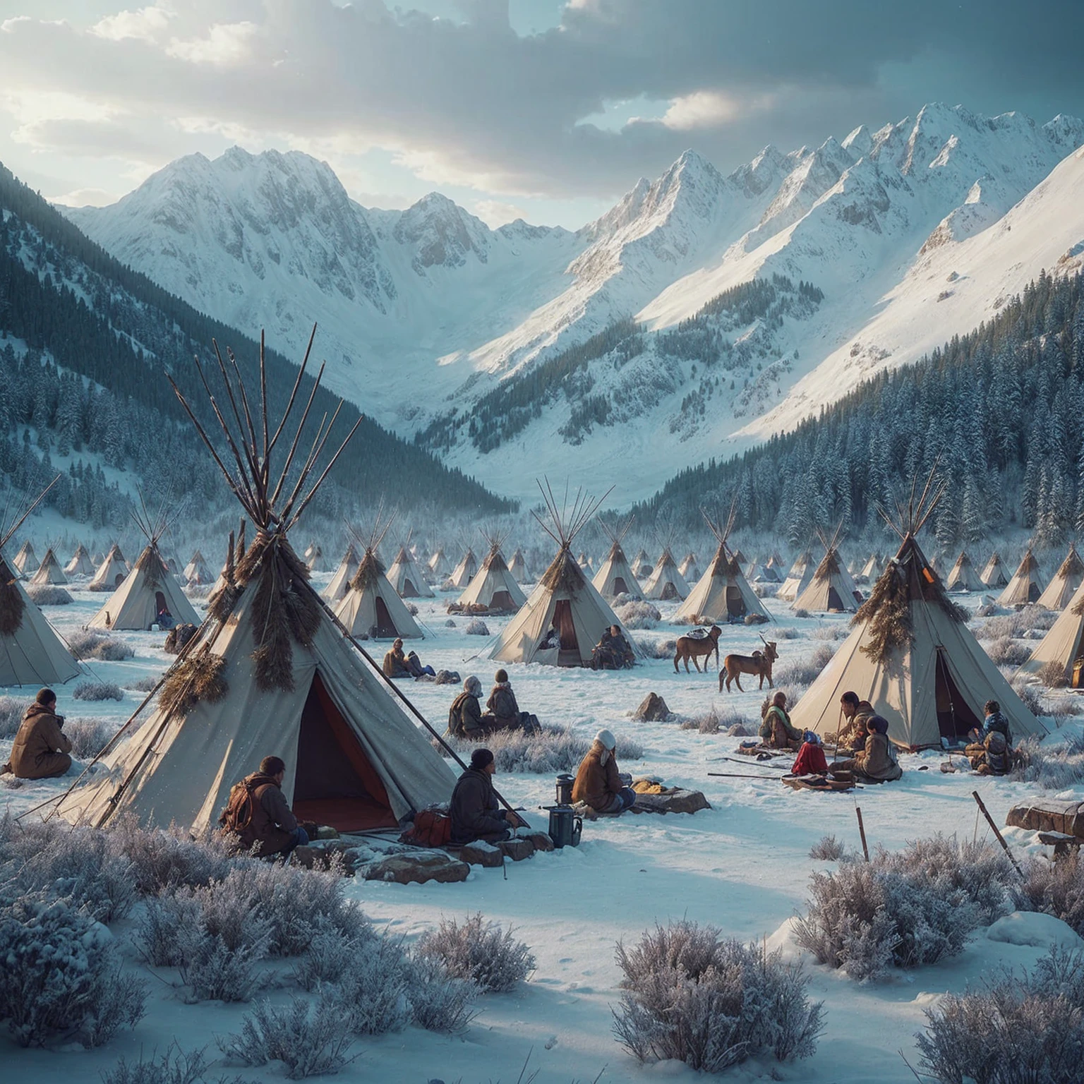 Complete and very real image. A tribe in the Snowy Mountains of Colorado, there are several tents. Photorealism, full view, very detailed image, very realistic, hyperrealism, cinematography, Ultra HD, 8k, Unreal Engine 5, sharp focus, intricate and mysterious masterpiece. (Long exposure photography Highly detailed, high-detailed close-up portrait art illustration - Final quality medium shot, backlit, rich and eye-catching. Enigmatic and mysterious manipulations (rule of thirds composition), ((detailed environment with lines strong), Better quality, on camera, white light, warm and clean aesthetics, dazzling screen composed of millions of bright ultraviolet lights, HDR.