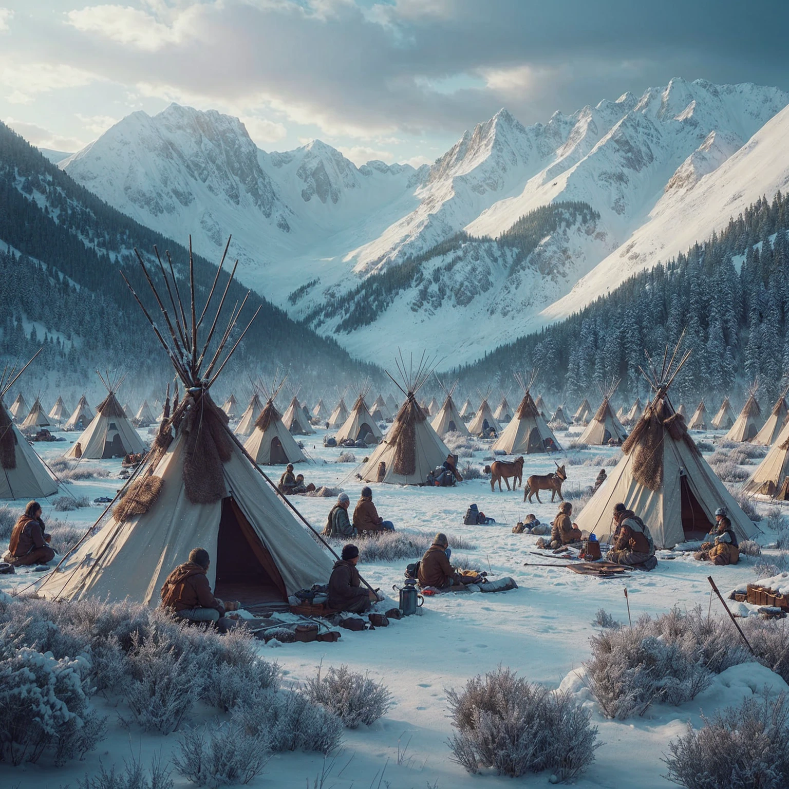 Complete and very real image. A tribe in the Snowy Mountains of Colorado, there are several tents. Photorealism, full view, very detailed image, very realistic, hyperrealism, cinematography, Ultra HD, 8k, Unreal Engine 5, sharp focus, intricate and mysterious masterpiece. (Long exposure photography Highly detailed, high-detailed close-up portrait art illustration - Final quality medium shot, backlit, rich and eye-catching. Enigmatic and mysterious manipulations (rule of thirds composition), ((detailed environment with lines strong), Better quality, on camera, white light, warm and clean aesthetics, dazzling screen composed of millions of bright ultraviolet lights, HDR.