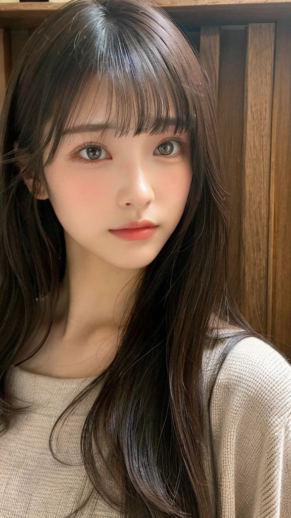 17-year-old girl、Big eyes、Brunette's eyes、Beautiful and exquisiteな顔、Perfect and beautiful double eyelids、Natural Bangs、Beautiful and thin nose、Beautiful Skin、Black natural hair、Long Hair、Shoulder-length layers、Asymmetrical bangs、Japanese Idols、膝までのアングル