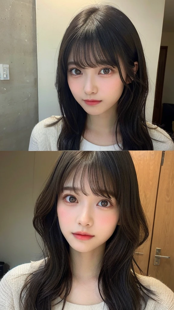 17-year-old girl、Big eyes、Brunette's eyes、Beautiful and exquisiteな顔、Perfect and beautiful double eyelids、Natural Bangs、Beautiful and thin nose、Beautiful Skin、Black natural hair、Long Hair、Shoulder-length layers、Asymmetrical bangs、Japanese Idols、膝までのアングル