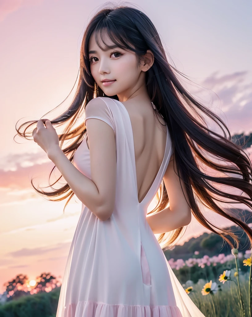 (Highest quality), (32K), (High resolution:1.5), (Masterpiece:1.5), marimo_jet, Beautiful face in every detail, god々A photograph with brilliant dazzling and healing power., Evoking a sense of calm and elusive beauty, Expressing emotions, Have a rich imagination, A flower field that stretches to the horizon, Beautiful Japanese Girls, ((Looking back:1.3)), An exceptionally beautiful face, Small Face Beauty, Perfect Human Anatomy, Magical big eyes, Motherhood and generosity, Deep Love, A fleeting smile, Shiny black hair, Beautiful long hair swaying in the wind, Asymmetrical bangs, Hair between the eyes, Transparent, soft white skin, Sharp eyebrows, Thin lashes, Natural Makeup, Cheek highlighter, Pale pink detailed lips, (White dress:1.4), ((Cosmos fields stretching to the horizon:1.3)), ((Pink Sky:1.3)), Beautifully detailed skies, ((Shining in the morning sunlight)), Professional photographer, Professional Lighting, Professional models, god秘的