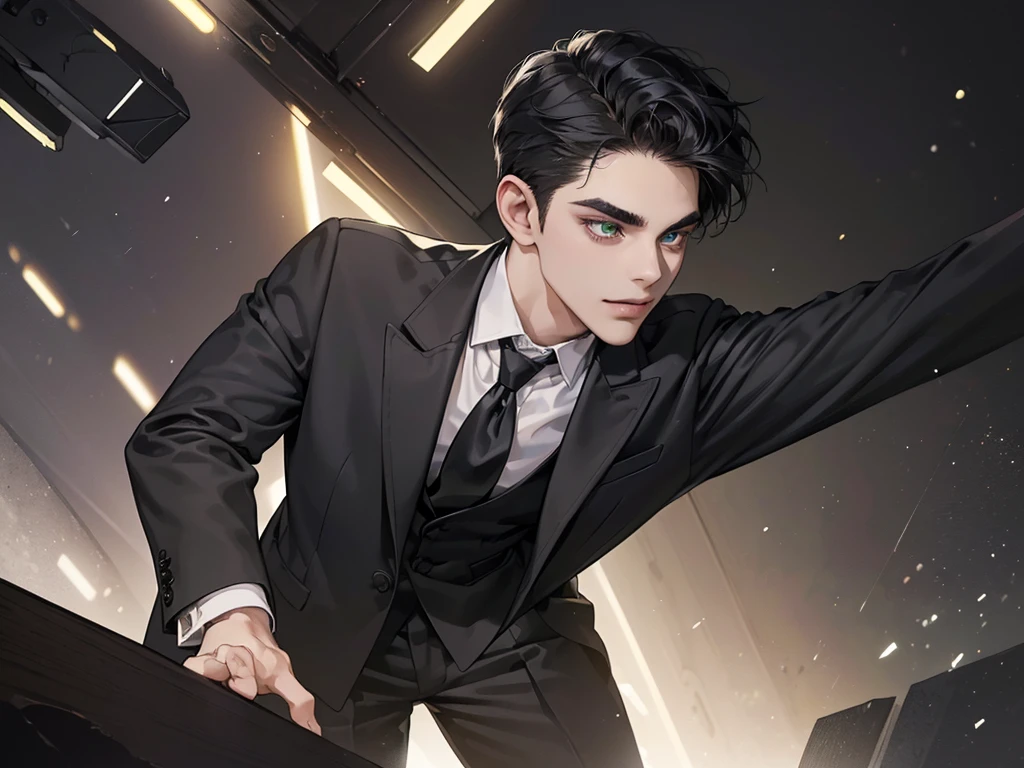((One young man with a black suit and tie)), alejandro, (((one side swept dark short neat hair))), ( green eyes and thick eyebrows), ((20 years old)), ((masterpiece)), ((cinematic lighting)), relax look and smirk, waiting for someone