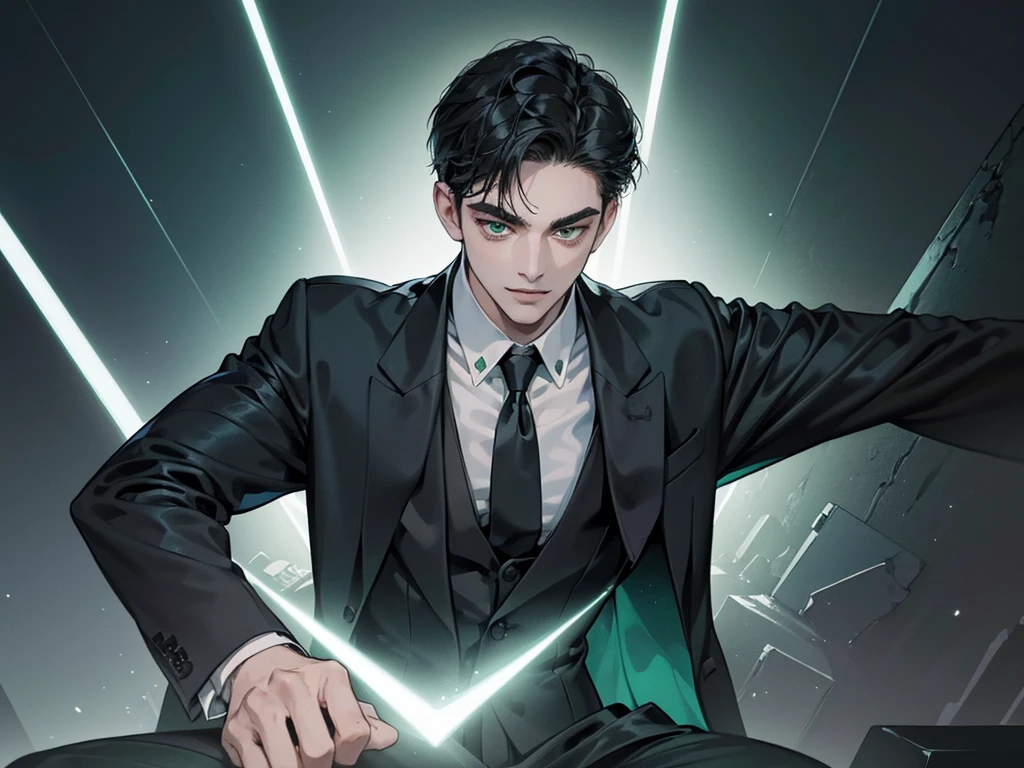 ((One young man with a black suit and tie)), alejandro, (((one side swept dark short neat hair))), ( green eyes and thick eyebrows), ((20 years old)), ((masterpiece)), ((cinematic lighting)), relax look and smirk, waiting for someone