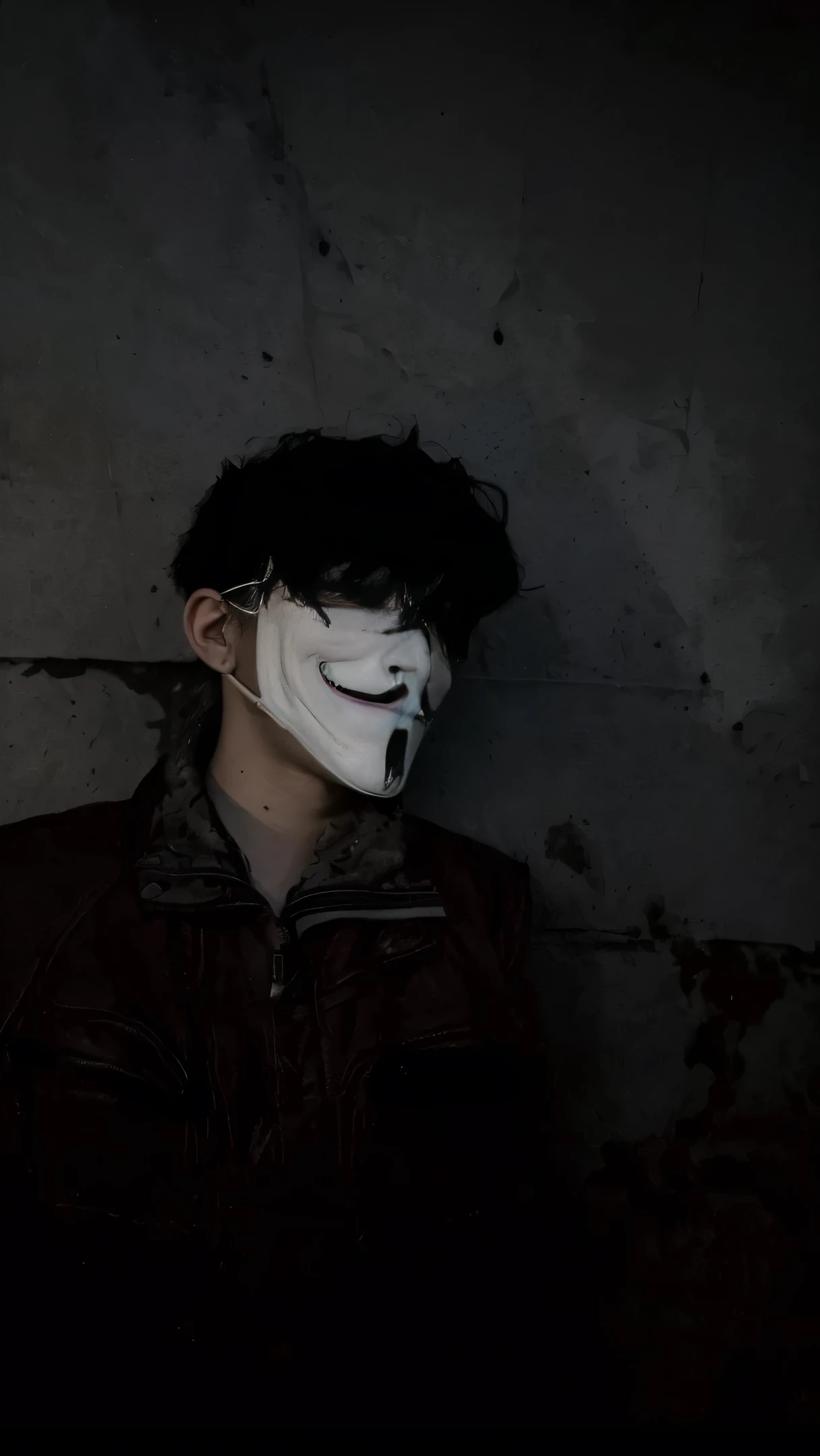 arafed man wearing a mask with a creepy face, twisted god with no face, darkwave goth aesthetic, anonymous mask, anonymous, masked person in corner, in an alleyway during the purge, creepy aesthetic, broken mask, pale white face, dark academia aesthetic, photo of scp-173, bladee from drain gang, scary look, horror aesthetic