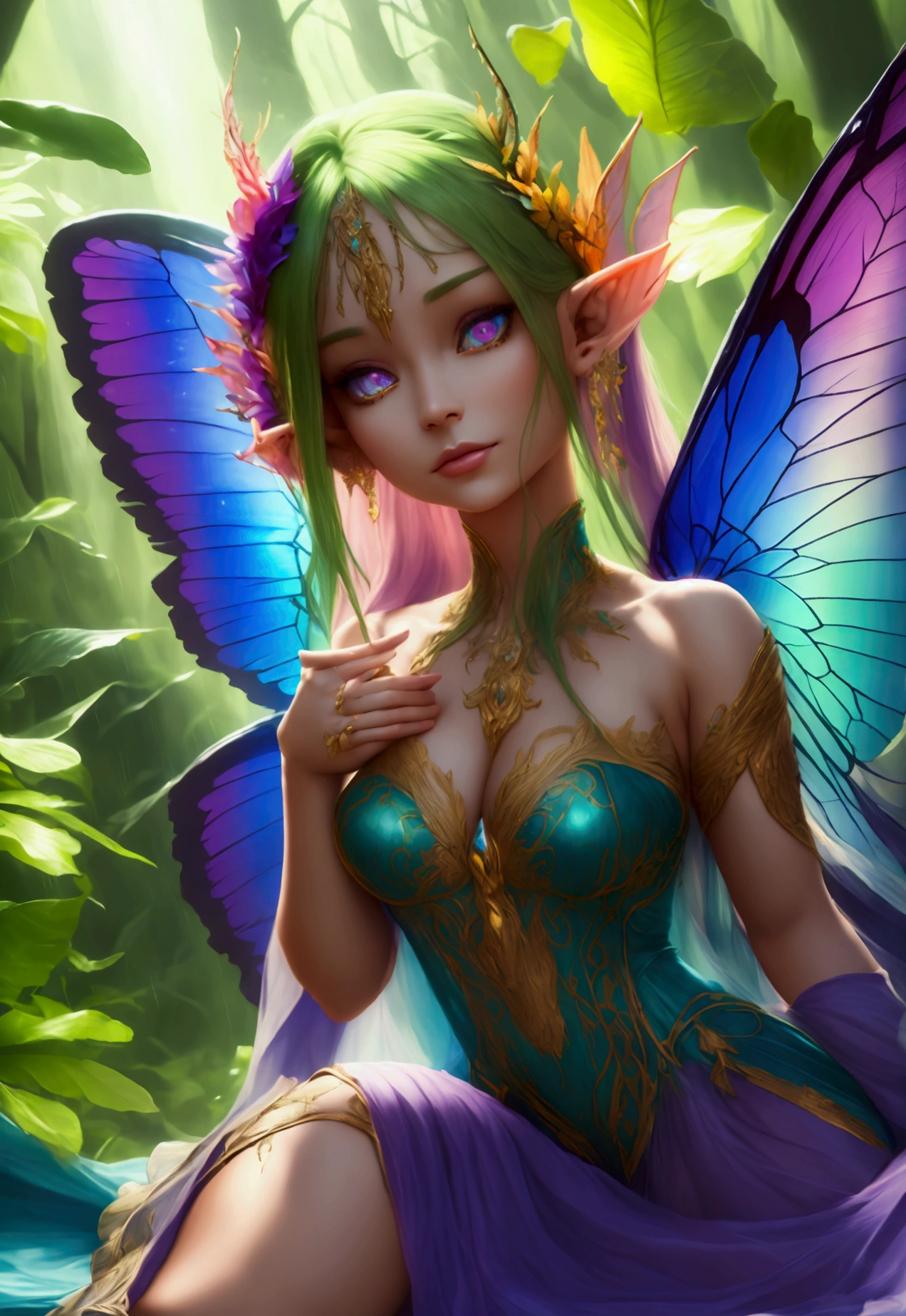 a picture of a jungle fairy, an extraordinary beautiful, elegant beauty, divine beautiful fairy, ((anatomically correct: 1.5)) spread butterfly wings, blue and purple wings, pink eyes, glowing eyes, (ultra detailed face: 1.2), best detailed face,  blond hair, rich hair, wavy hair, glamour dress, wild dress, dress decorated with jungle flowers,  sitting on massive heliconia tree the rain forest, sun rays coming through the trees, Hyperrealism style, vibrant, Ultra-high resolution, High Contrast, (masterpiece:1.5), highest quality, Best aesthetics), best details, best quality, highres, ultra wide angle, 16k, [ultra detailed], masterpiece, best quality, (extremely detailed) RAW, chumbasket art style, FairyTaleAI, fairy wings, Comistyle 