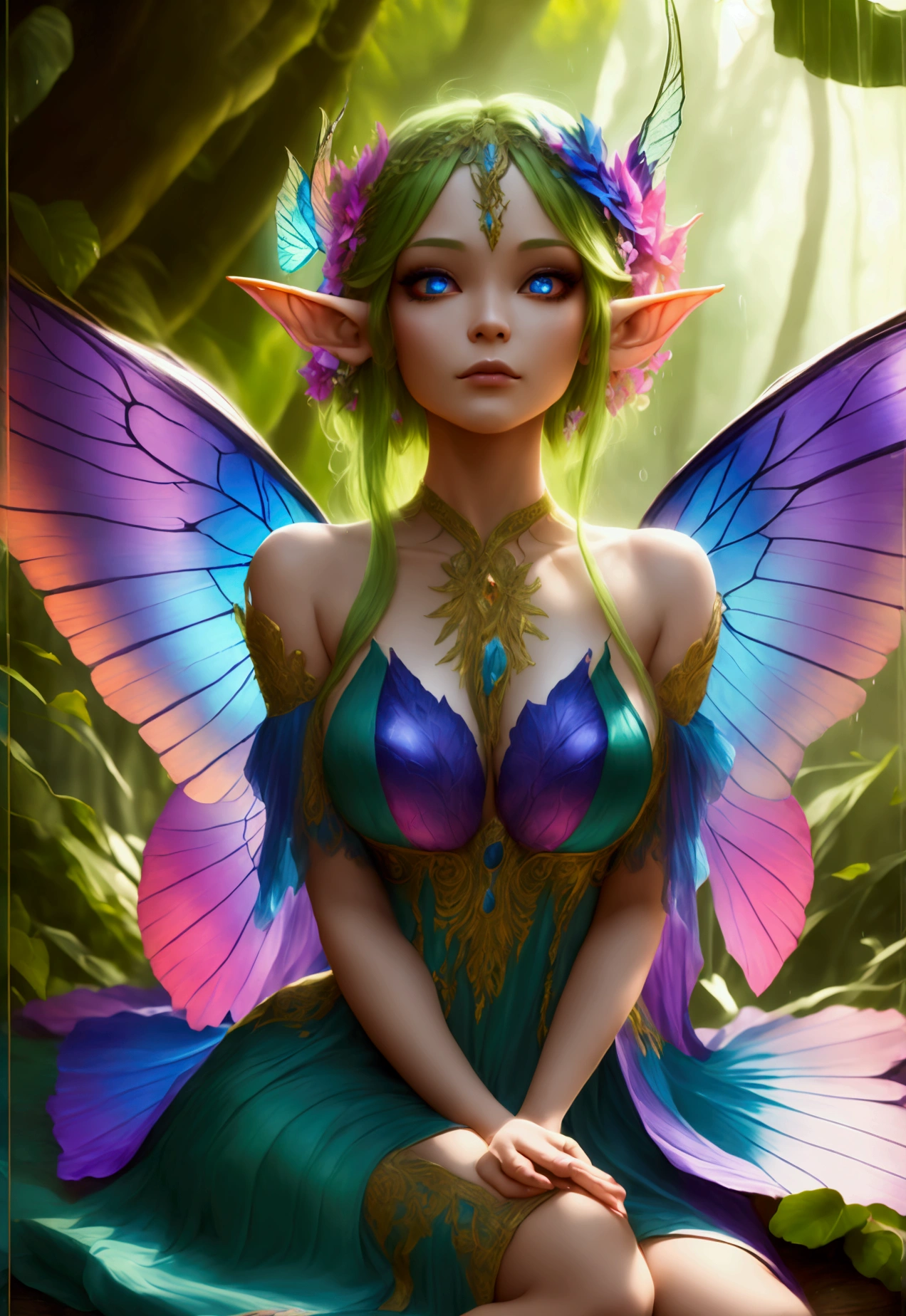 a picture of a jungle fairy, an extraordinary beautiful, elegant beauty, divine beautiful fairy, ((anatomically correct: 1.5)) spread butterfly wings, blue and purple wings, pink eyes, glowing eyes, (ultra detailed face: 1.2), best detailed face,  blond hair, rich hair, wavy hair, glamour dress, wild dress, dress decorated with jungle flowers,  sitting on massive heliconia tree the rain forest, sun rays coming through the trees, Hyperrealism style, vibrant, Ultra-high resolution, High Contrast, (masterpiece:1.5), highest quality, Best aesthetics), best details, best quality, highres, ultra wide angle, 16k, [ultra detailed], masterpiece, best quality, (extremely detailed) RAW, chumbasket art style, FairyTaleAI, fairy wings, Comistyle 