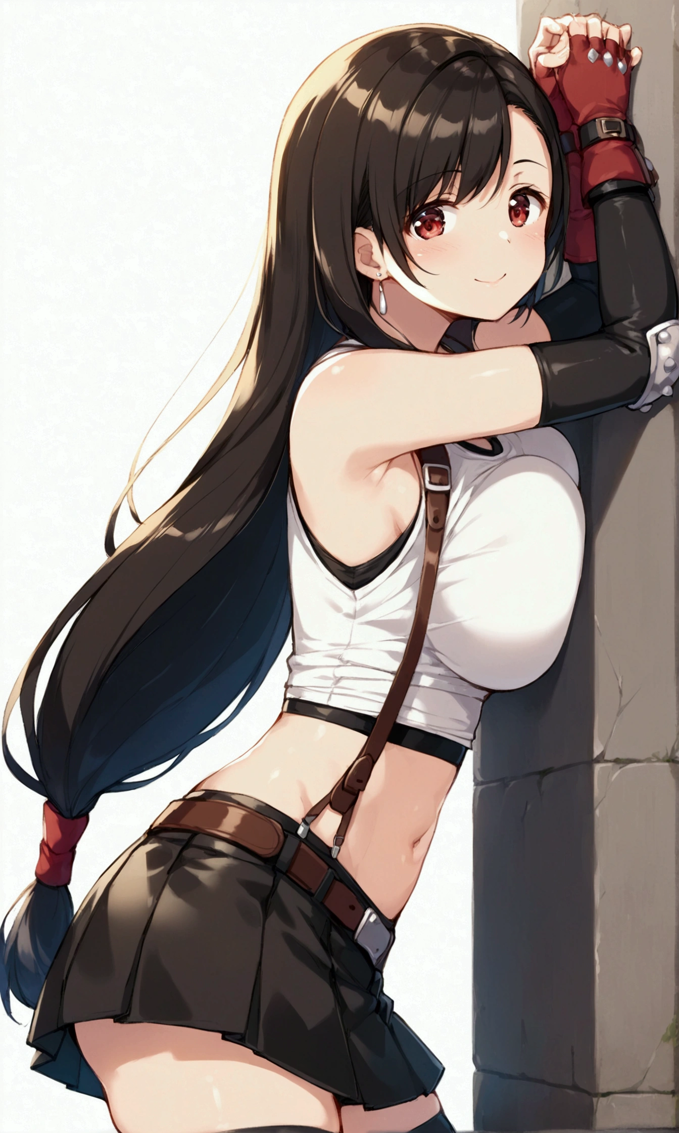 (score_9
score_8_up
score_7_up
score_6_up
score_5_up
score_4_up
source_anime),,BREAK , ,straight-on,,breast view, breast press,,standing,leaning on wall.. upperbody,,Solo ,1girl, tifa lockhart, final fantasy, tareme,black hair, low-tied long hair, red eyes, bangs, (white tank top, belt, pleated skirt, thighhighs, elbow fingerless gloves, elbow pads, midriff, navel,suspender skirt) ,(large_breast),(light smile),sunsetscene,outdoor,(ultra detailed),(best quality),(aesthetic,very aesthetic),UHD,extremely detailed CG unity 8k wallpaper,depth of field,((illustration)),,detailed face and eyes and body,Shiny bare skin,