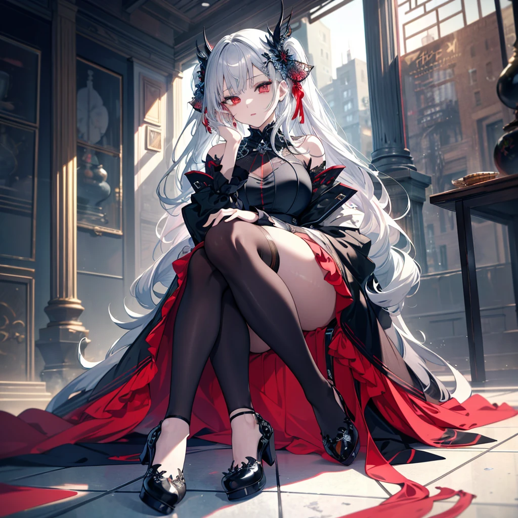 8k,High resolution RAW color art,Anime Art, (((Very detailed and cool))), Detailed skin, Blurry、texture,(Exquisitely crafted, Finer details, Ultra-detailed art), (((1 girl))), Written boundary depth, Silky to the touch, Hyper Detail, (((Cool face))), eye shadow、Silver Marble Skin, Beautiful and detailed red eyes, Beautiful lip detail, Very delicate face, Delicate depiction of hair and eyes, Delicate fashion, (((Full body description)))、Plump、Voluptuous、floor、Sitting