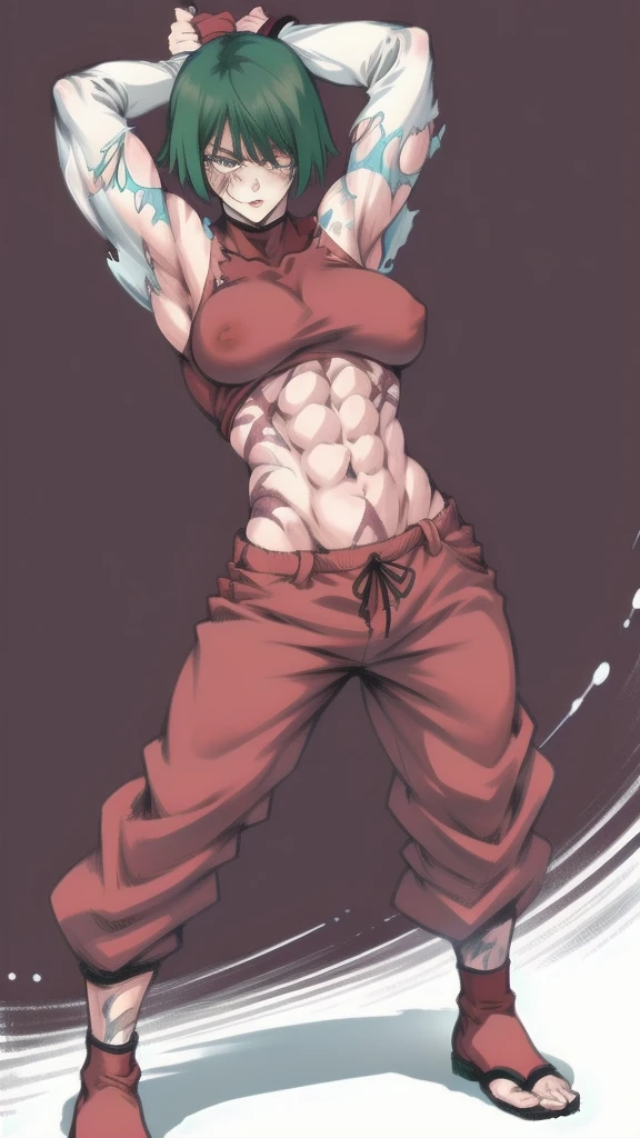 Full body image of Maki Zenin from Jujutsu Kaisen, full body in image, wearing her post-clan outfit (sleeves torn, harem pants), visible scars, short dark hair, female body, athletic and muscular body, dynamic pose, detailed pose, simple background, expressive face showing determination, focus on face, line art, sketch
