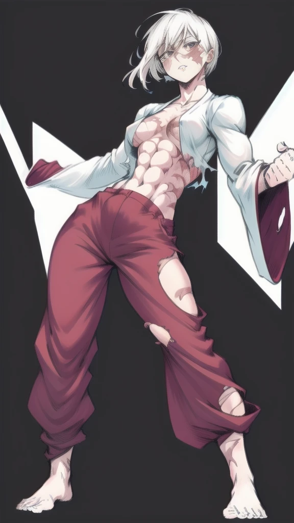 Full body image of Maki Zenin from Jujutsu Kaisen, full body in image, wearing her post-clan outfit (sleeves torn, harem pants), visible scars, short dark hair, female body, athletic and muscular body, dynamic pose, detailed pose, simple background, expressive face showing determination, focus on face, line art, sketch
