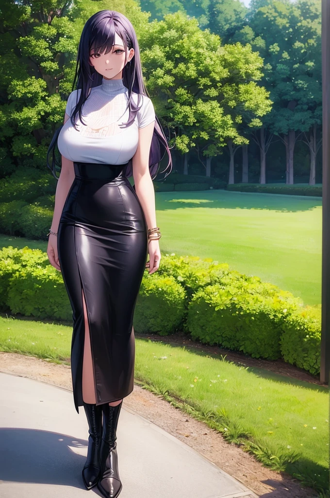 ((masterpiece, best quality, ultra-detailed)), 1girl, beautiful woman walking through a garden, white blouse, necklace, bracelet, black midi pencil skirt, long black skirt, leather boots, full body, long purple hair, tree, leaves, summer, park