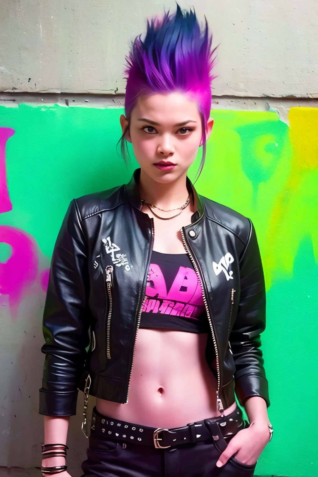 (Artwork, best quality:1.2), 1 girl ,intrincately detailed, "Punk Girl", in dynamic pose, ((spiky mohawk hair, punk hair, wearing a black jacket, chains, Rocket style, tatuados , hot body, abdomen)) . Shallow depth of field, vignette, highy detailed, high budget, bokeh, cinemascope, temperamental, epic, marvelous, film grain, grainy. ((Abandoned Graffiti Wall Background)).