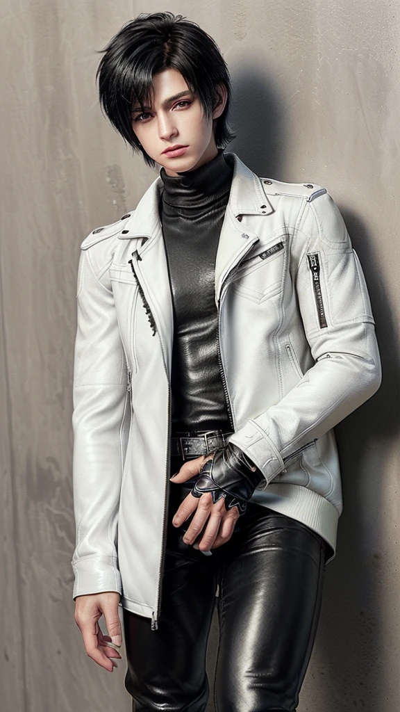 Final fantasy taste and reality graphics, ((Japanese young cute and cool ikemen boy)), his age is early 20s, thin eyebrows and beady eyes, ((he wearing off white color leather thick and heavy material jacket)), ((jacket is singlebrest)), ((biker style jacket)), ((jacket is large size)),((with epaulet)), ((jacket is long sleeve)), ((zipped front of the leather jacket)), , ((voluminous leather jacket)), ,((must jacket is high length and stand-up collar)) ((jacket collar with two belts)), ((jacket is a little black color line pattern)), ((also wearing black thick material turtleneck lackluster shirts)), ((tight black leather pants)), ((put black leather tight and thin glove on both hands)), ((black leather knee-high raceup boots)),((must views head-to-toe)),((must views whole body)), ,((Do not show skin from the neck down)),leather jacket leather glove and leather pants have few wrinkles, Avoid showing your innerwear,zip up jacket fastner.must put on a leather glove.
Boy is black hair.boy looks like fashion model.