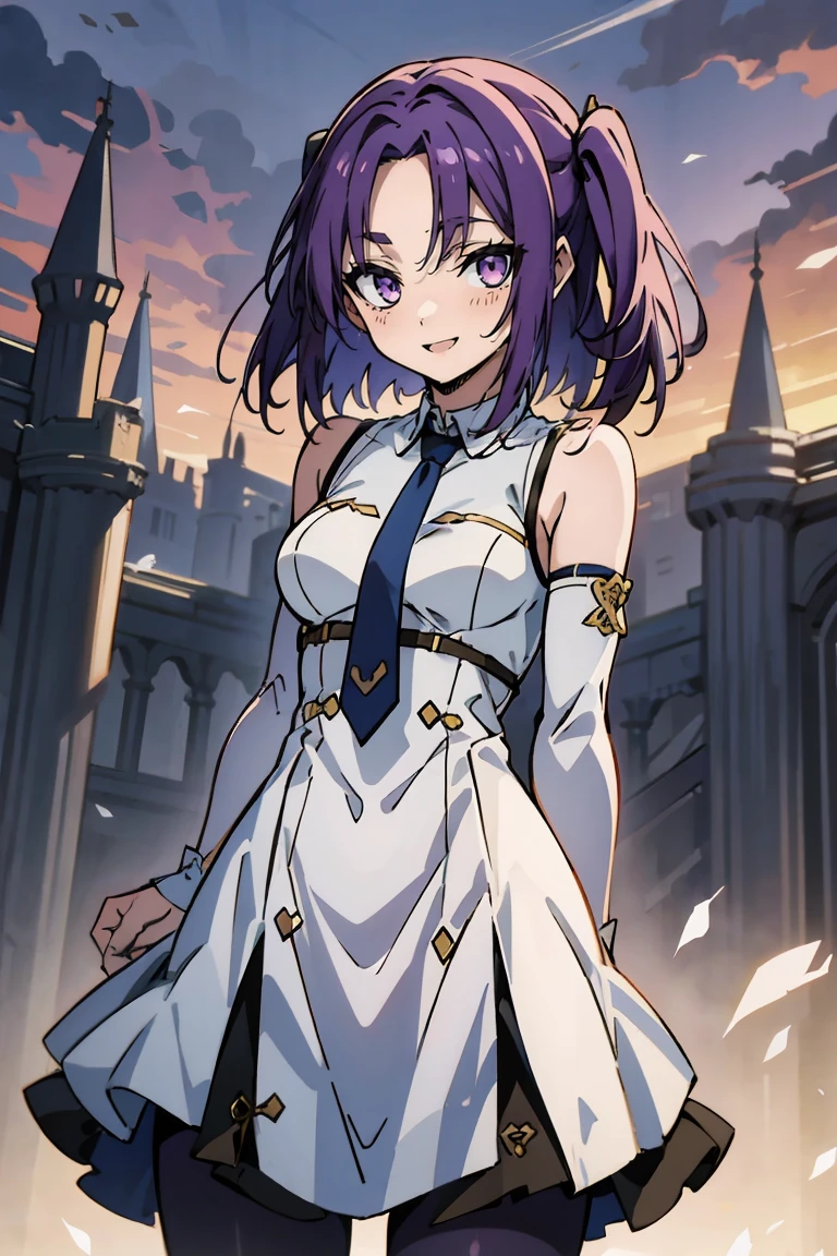 (masterpiece:1.2), (high quality:1.2), reo mikage, blue lock, girls with((1girl, solo, purple hair, (medium hair, right swept bangs, one side up:1.55), bare shoulder, blush, breasts, arm wears, elbow armwarmers, choker, cleavage, cowboy shot, collar, collarbone, rosary, cross, white clothes, blouse, white dress, sleeveless, collared shirt, necktie, (black sleeves, bottoms cheongsam:1.2), cinderella dress, long dress, frilled panniers, (open dress:1.34), leggings, boots, sandals, bare legs)), background with((fantasy world, ruin, castle, beautiful sky, shining sky, sunshine:1.35))