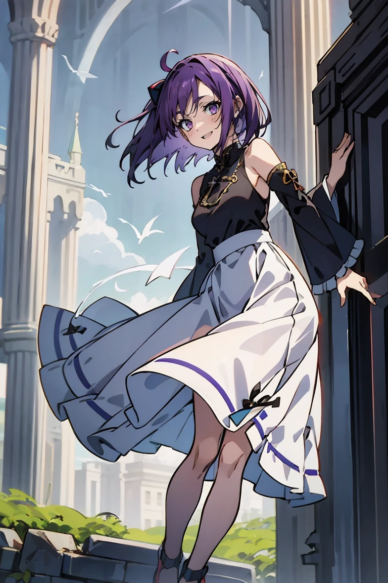 (masterpiece:1.2), (high quality:1.2), reo mikage, blue lock, girls with((1girl, solo, purple hair, (medium hair, right swept bangs, one side up:1.55), bare shoulder, blush, breasts, arm wears, elbow armwarmers, choker, cleavage, cowboy shot, collar, collarbone, rosary, cross, white clothes, blouse, white dress, sleeveless, collared shirt, necktie, (black sleeves, bottoms cheongsam:1.2), cinderella dress, long dress, frilled panniers, (open dress:1.34), leggings, boots, sandals, bare legs)), background with((fantasy world, ruin, castle, beautiful sky, shining sky, sunshine:1.35))