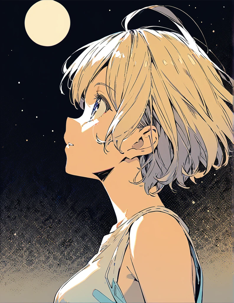 Profile of a cheerful blonde short-haired girl, side boob exposed Screentone processing Looking up at the moon Shaded painting style