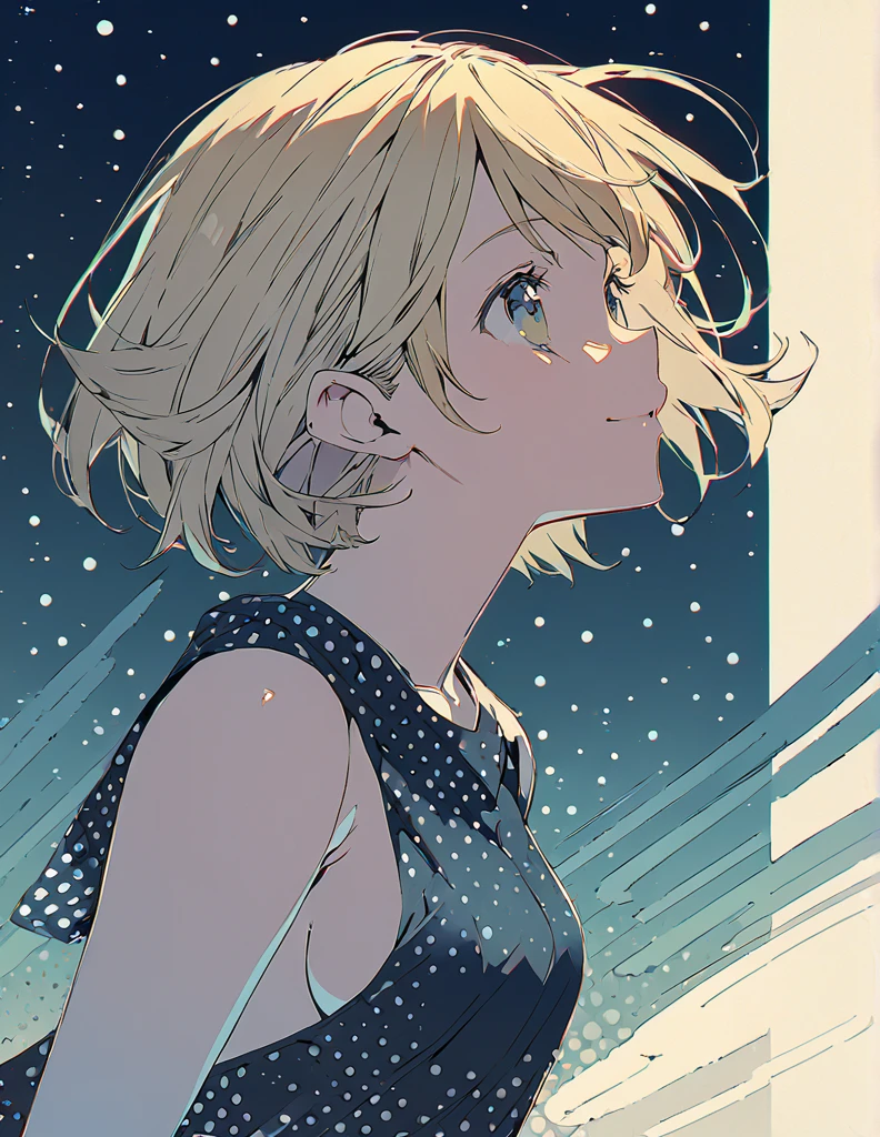 Profile of a cheerful blonde short-haired girl, side boob exposed　Screentone processing　Looking up at the moon　Shaded painting style