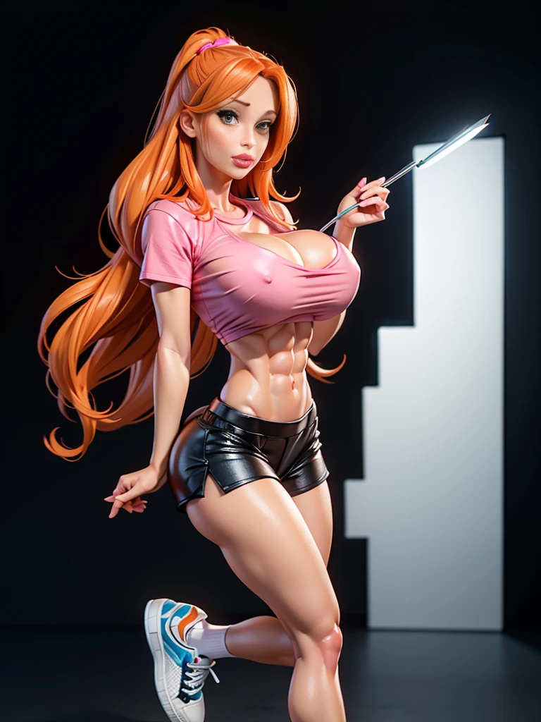 (navel piercing), navel exposed, Generate an illustration of a Orihime, pink shirt, orange hair, holding her own breastaletta ocean face)), de terno preto, (natural lipstick:1.1), long hair, hair flows straight down, hair pins on both sides, (gigantic breasts:1.4),op, shorts, long socks, sneakers, outfit in anime format with a serious style, masterpiece, ((white lighting)), black background, puffy lips,((slenderbs)), beautiful face,