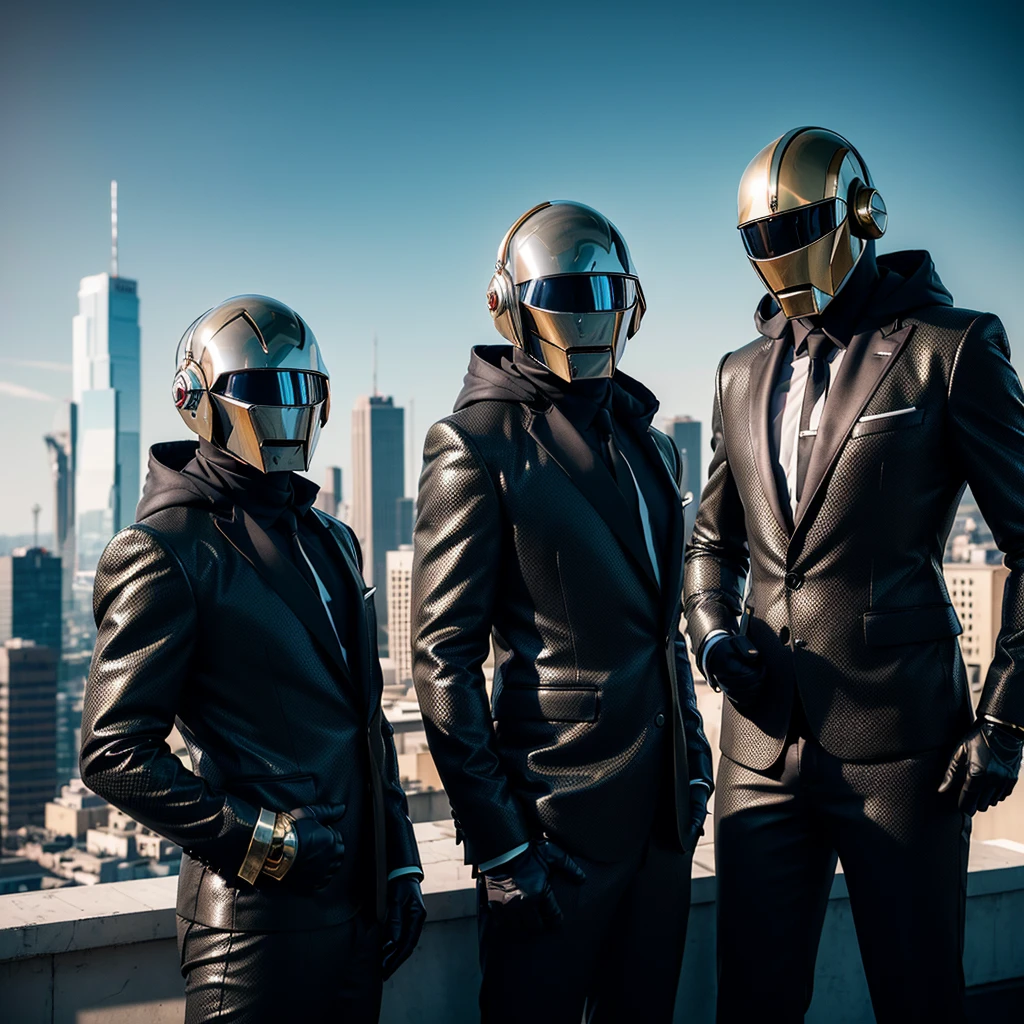 photorealistic, 2 business men in daftpunk style on a rooftop, black hoodies, online business, giga stylish, ultra detailed, 4k, hyperrealistic, cinematic lighting, dramatic shadows, dynamic poses, seamless integration, glossy surfaces, intricate textures, moody color palette, dramatic atmosphere