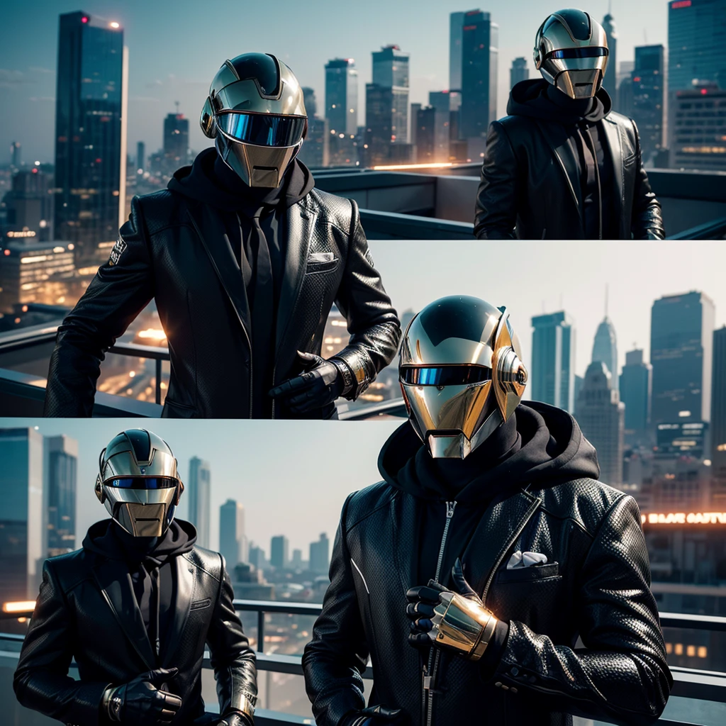 photorealistic, 2 business men in daftpunk style on a rooftop, black hoodies, online business, giga stylish, ultra detailed, 4k, hyperrealistic, cinematic lighting, dramatic shadows, dynamic poses, seamless integration, glossy surfaces, intricate textures, moody color palette, dramatic atmosphere