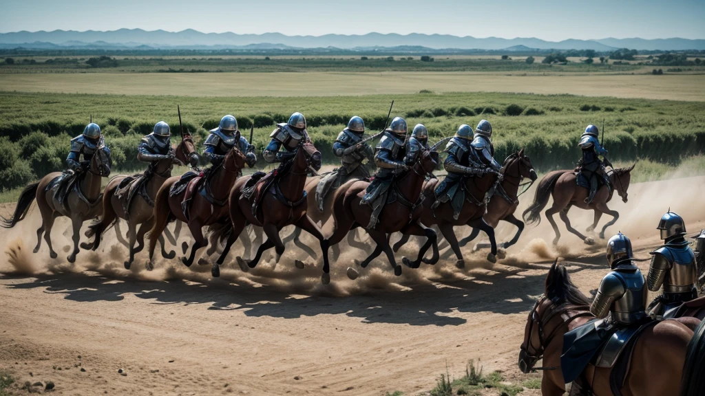 épico medieval army of armoured horse knights running towards the camera, cinematic, plano amplo, tempo chuvoso, campo, épico