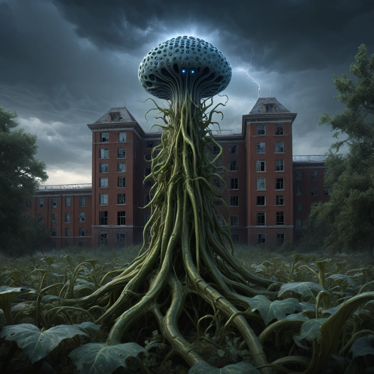 ral-hnycmb alien plant, Creepy, In the background is an abandoned psychiatric hospital with broken windows, Trypophobia,, Storm lighting, Sin 3, Sharp Focus Digital Painting, Concept Art, Award-winning illustrations by Greg Rutkowski, Wow, ArtJam, alex grey, Ruan Jia and Fenghua Zhong