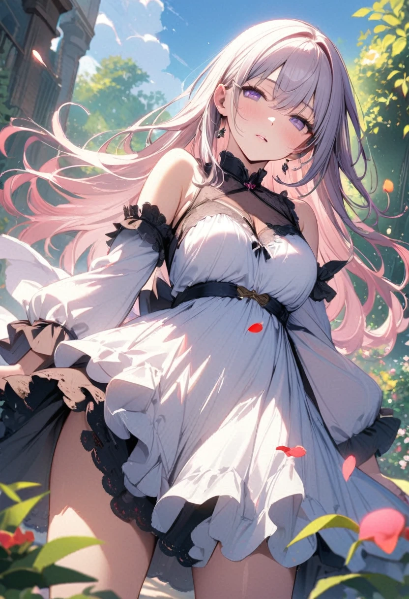 ((Highest quality))、((masterpiece))、(detailed)、((Anatomically correct))、(High resolution、8k)、Two Women、(kiss:1.3)、Two people looking at each other、Half-closed eyes、cowboy shot、 (Beautiful Eyes:1.2)、Gothic Dress、Gorgeous garden with blooming flowers、Petals fluttering、Blue sky、F Cup、Slipping、Nipples、(grabbing breasts:1.1)