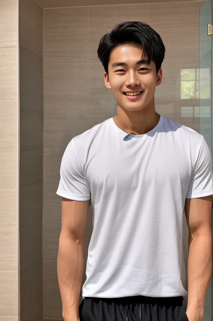 single: 1.5, (ที่TRUEแล้ว, Masterpiece, 8k HD, good light quality, sportswear, to fit the face, complicated details), A handsome Korean man with muscular arms.. , 20 years old, be happy, smile brightly, detailed face, delicate eyes, look at the sky, Wear a tight white t-shirt.:1.6 ., black eyes, Black hair color, ผมsmooth, smooth,SurTRUE,Excellent details,Highest quality,TRUE,Open your mouth to talk.. , Close your eyes.., (standing in the bathroom:1.5)