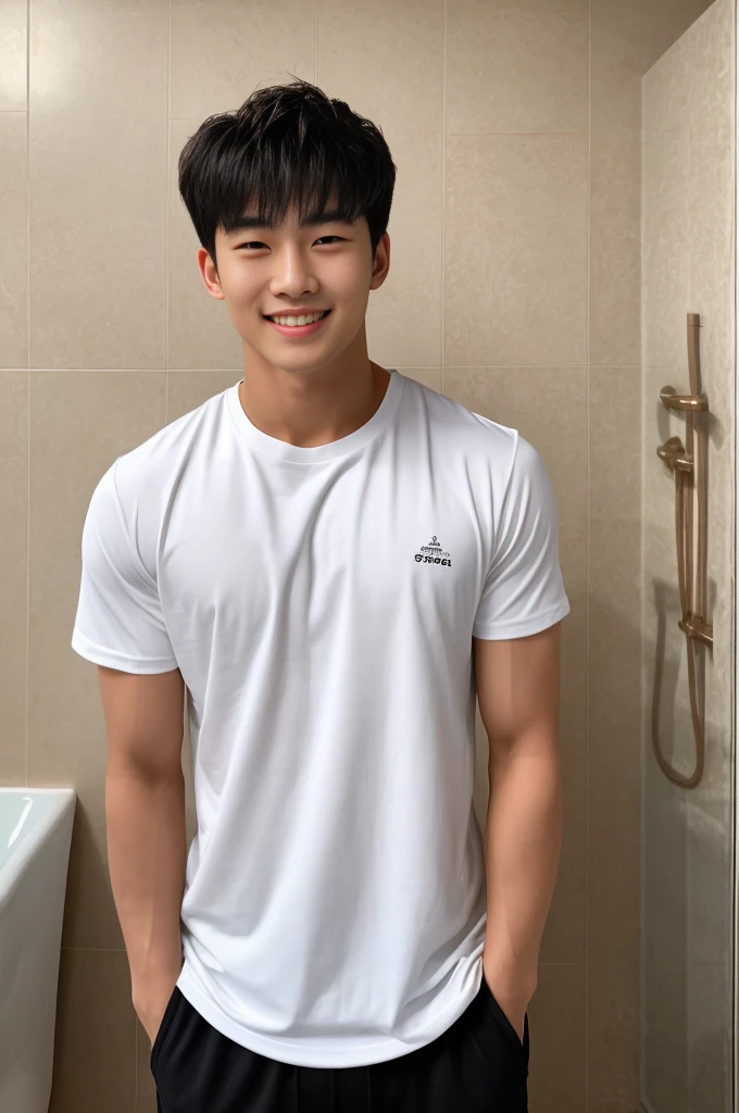 single: 1.5, (ที่TRUEแล้ว, Masterpiece, 8k HD, good light quality, sportswear, to fit the face, complicated details), A handsome Korean man with muscular arms.. , 20 years old, be happy, smile brightly, detailed face, delicate eyes, look at the sky, Wear a tight white t-shirt.:1.6 ., black eyes, Black hair color, ผมsmooth, smooth，SurTRUE，Excellent details，Highest quality，TRUE，Open your mouth to talk.. , Close your eyes.., (standing in the bathroom:1.5)