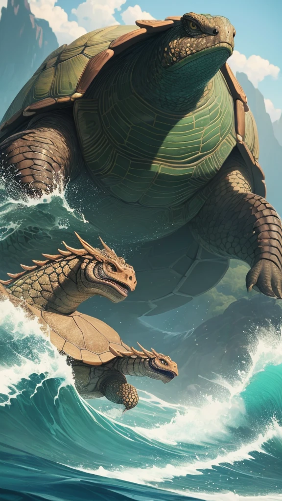 Dragon Turtle，Huge, Heavy Tortoise Shell，Chinese Leaders，snake long tail，Soaring Waves，Chinese style，OC Rendering，Ultra-fine，high quality，8K high resolution，Super detailed